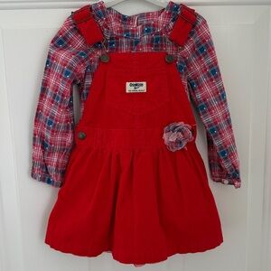 Oshkosh B’gosh Red Corduroy Overalls Jumper Dress Coordinating Top - Size 3T